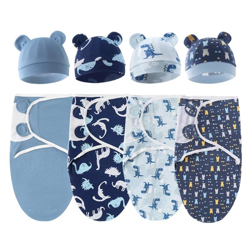 4 Комплекта Детских Пеленок-Коконов, Оберточных Одеял с Шапочкой-Капором, Спальные Мешки, Одеяла против Переворачивания, Пеленки для Малышей 0-12 Месяцев