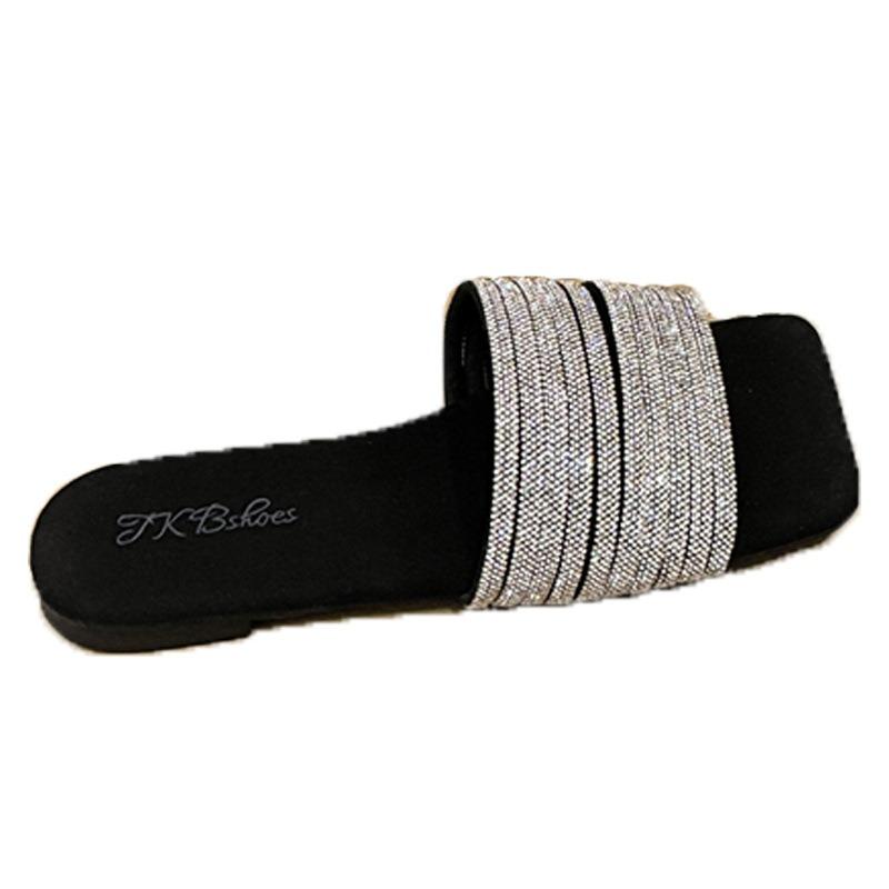 Флэш квадратный носок плоская подошва односимвольные крутые тапочки пляжная обувь крутые тапочки женские со стразами однословные для улицы лето