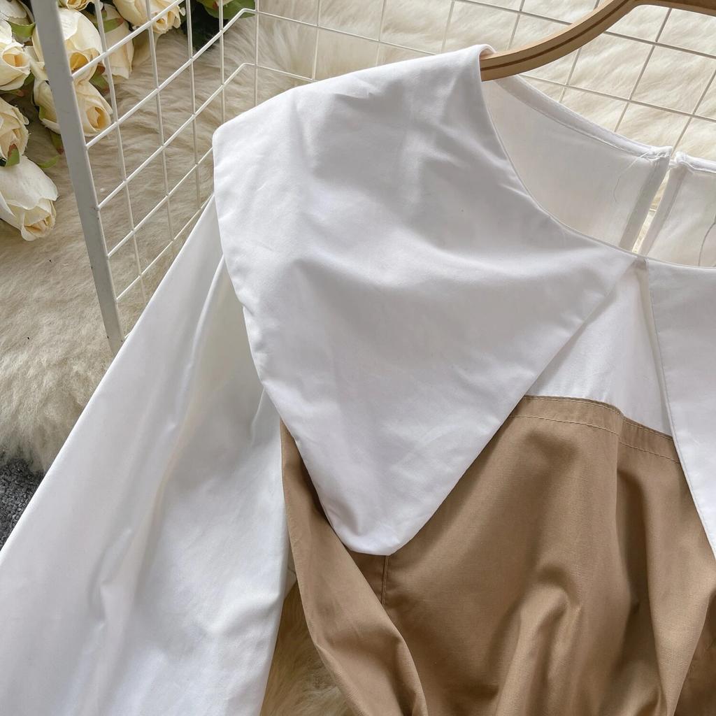 Korean Series Short Shirts for Women, Puff Sleeve Top, Large Lapel, Contrast Color, Patchwork, Early Spring Wear, New Fashion