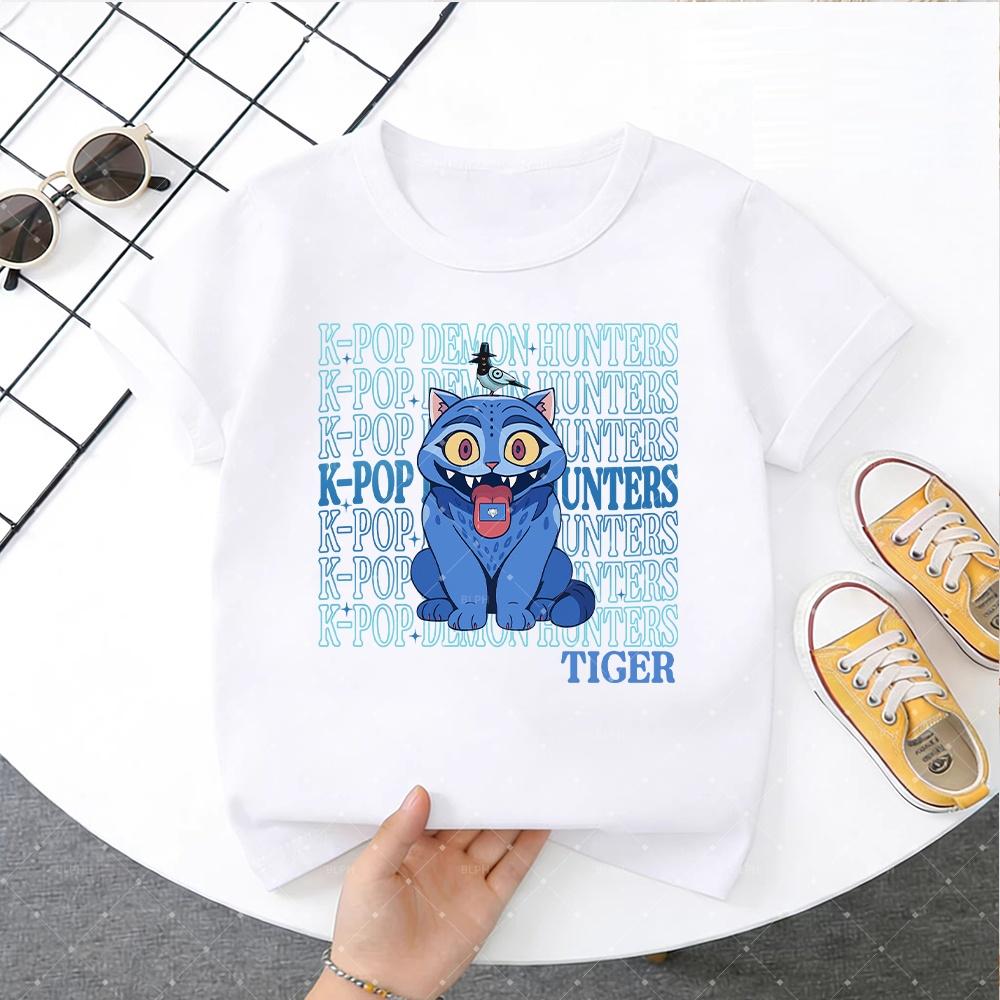 KPop Охотник на демонов Милый синий кот с узором из птиц Детская футболка Модная повседневная для мальчиков и девочек