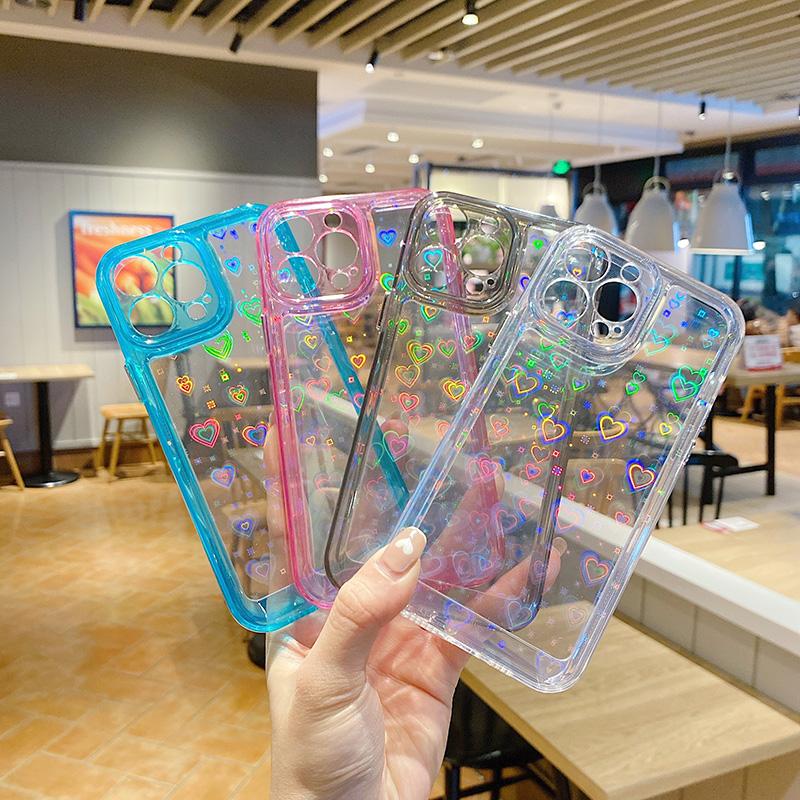 Ins Fashion Laser Love Heart Case для Iphone 13 12 11 Pro Max Xr X Xs 7 8plus яркий цвет противоударный HD прозрачный акриловый жесткий чехол