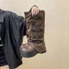 Vintage European and American versatile belt buckle pleated women's stacking boots autumn and winter thick-soled sleeve fashion boots thick-heeled le