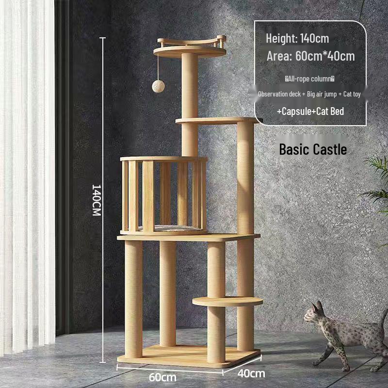 Большая кошачья игровая башня со встроенной кроватью-капсулой, когтеточкой, платформой от пола до потолка и полками.