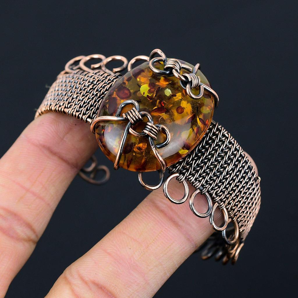 Балтийский янтарный драгоценный камень Чистая медная проволока Обернутая вручную манжета/браслет Ювелирные изделия