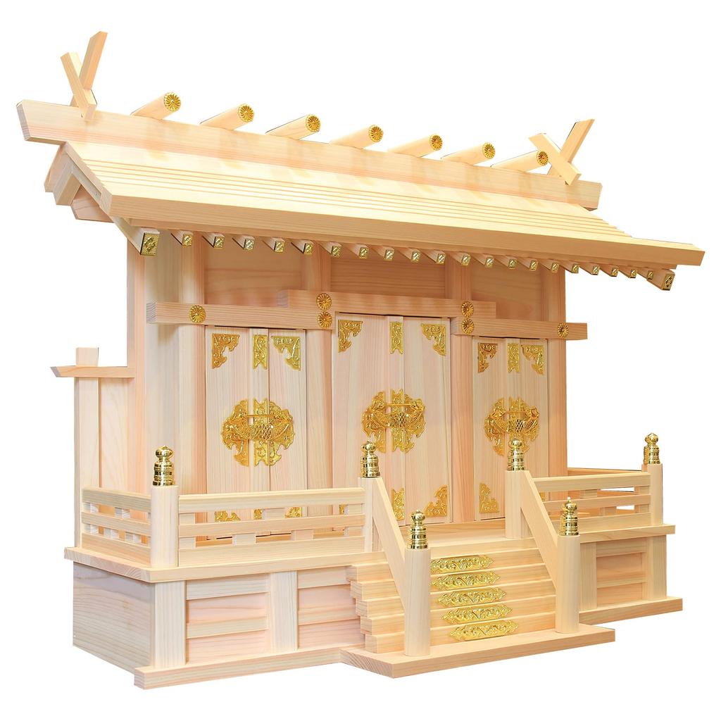 Буддийский алтарь Синто Мацуяма, трехъярусный, с наклейками в виде облаков, сделано в Японии, хиноки (Кипарис японский), Ширина 54 см, Высота 40 см, Глубина 21,5 см