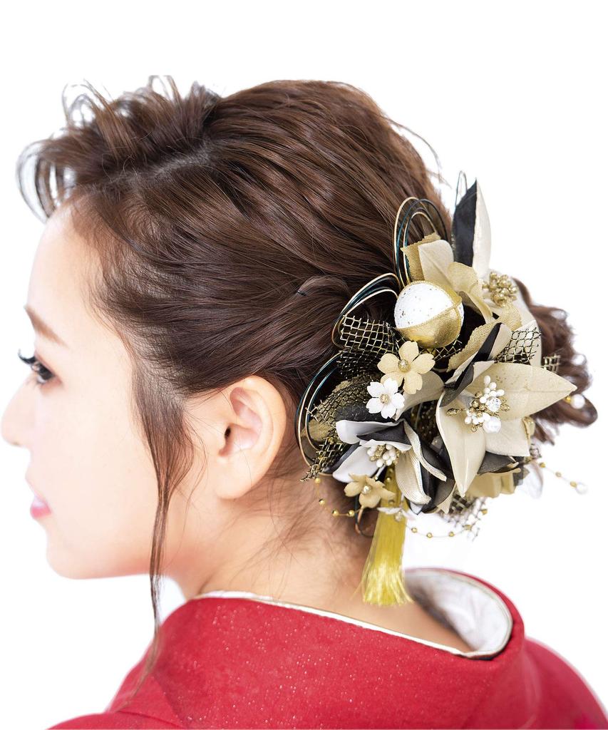 SOUBIEN Cherry Blossom and Mizuhiki Hair Ornament Set, Gold/Black, 3 Pieces
