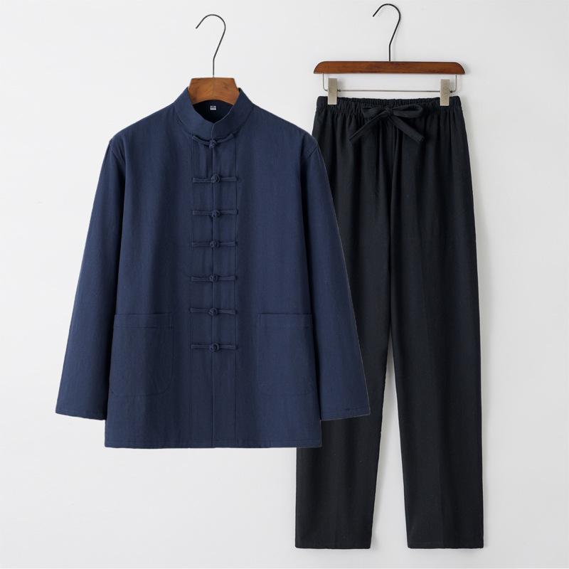 Men's Chinese Style Long-Sleeve Tang Suit Set with Frog Buttons - Retro Tea & Tai Chi Two-Piece