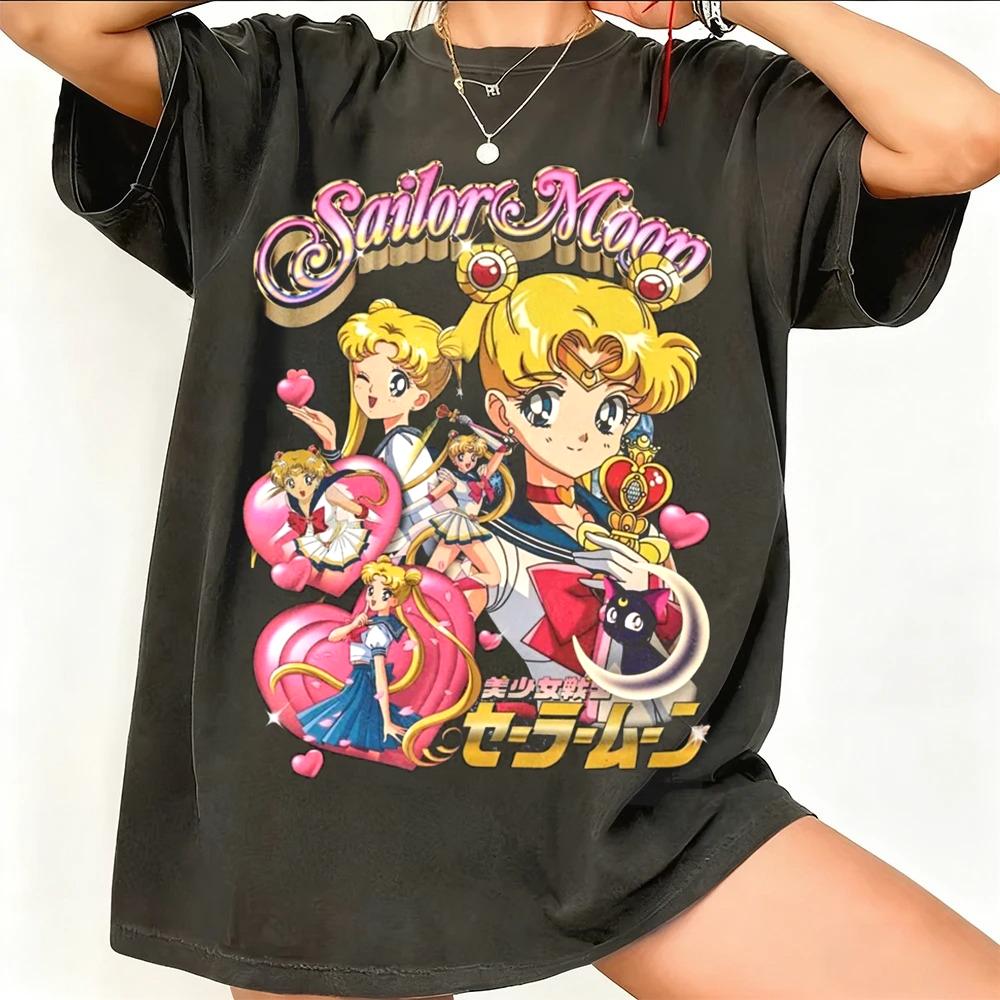 Sailor Moon Ретро 90-х Аниме Графическая Футболка Летняя Хлопковая Унисекс Женская Футболка Уличная Одежда Повседневный Тренд Короткий Рукав Пара Хип-Хоп Топ