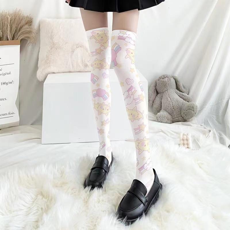 Women Lolita Cartoon Rabbit for Cat Printed Thigh High Stockings Japanese Anime Kawaii Strawberry Bow Cosplay Over Knee Long