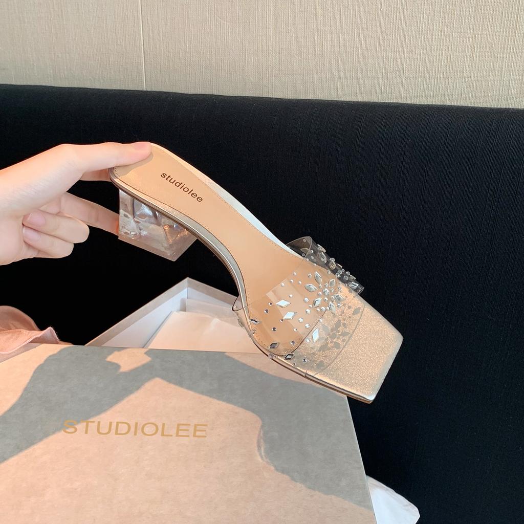 Sheepskin grape mother shoes crystal high heels platform square head word with open toe slippers women's summer wear sandals