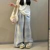 Синие клетчатые повседневные брюки для женщин на весну и лето, свободные и универсальные широкие прямые брюки в пол