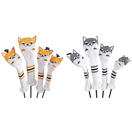 Golf Headcover Set 2 Fairway with Knitted Covers and Akita Dog Design 4-Piece (Driver/Wood, Woods/Hybrid/UT) (Beige)