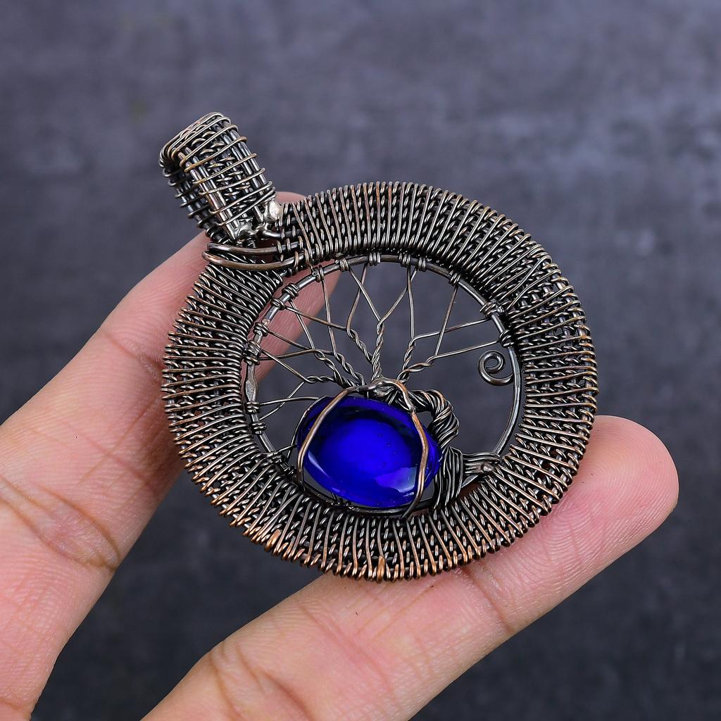 Синий сглаз драгоценный камень ручная работа медная проволока обертка ювелирное изделие кулон 2.60" u3q96