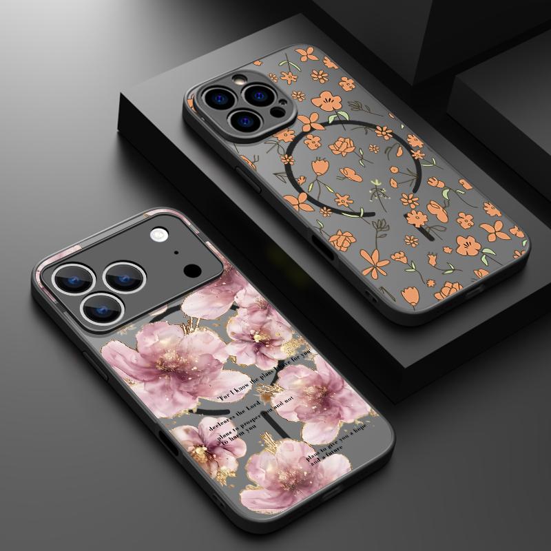 Translucent Matte Magnetic Case For iPhone 17 16 15 Pro 14 13 Pro Max 16e 17e For Magsafe Floral Pattern Hard PC Phone Cover