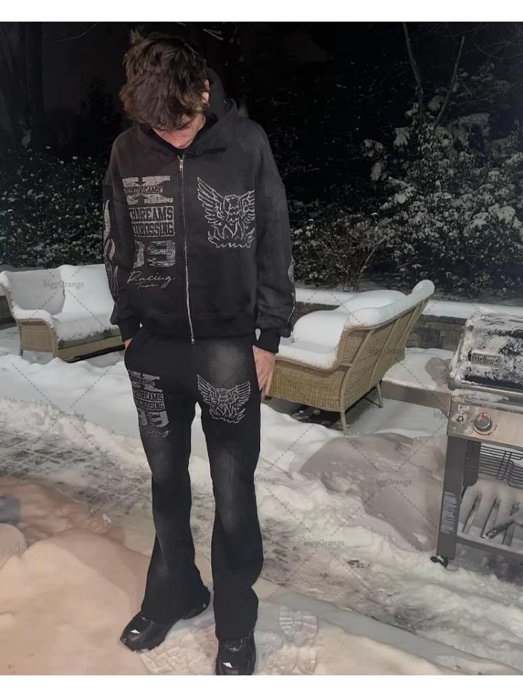 Европейская и американская мода повседневная свободная толстовка с капюшоном для мужчин Y2k ретро аниме принт куртка готическая толстовка на молнии в стиле Харадзюку