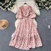 Elegant Vintage Floral Dress for Women Summer Lace Up Slim Waist Dresses Y2k Puff Sleeve Loose Dresses