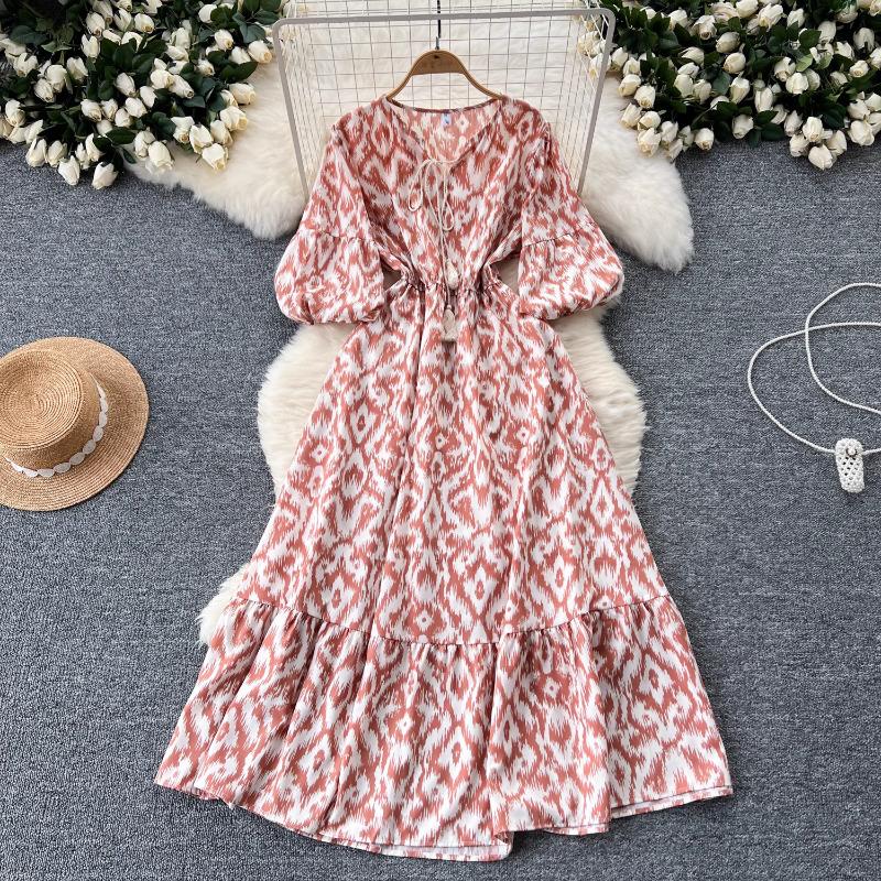 Elegant Vintage Floral Dress for Women Summer Lace Up Slim Waist Dresses Y2k Puff Sleeve Loose Dresses
