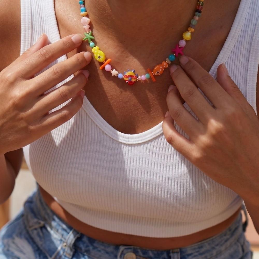 Resin Fish Charms Pendant Scallops Beaded Necklace Jewelry Colorful Fish Necklace  Women