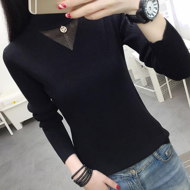 Women Semi-high Neck Slim Sweater Korean Version of The Knitted Bottoming Sweater Hollow Mesh Sweater Autumn and Winter