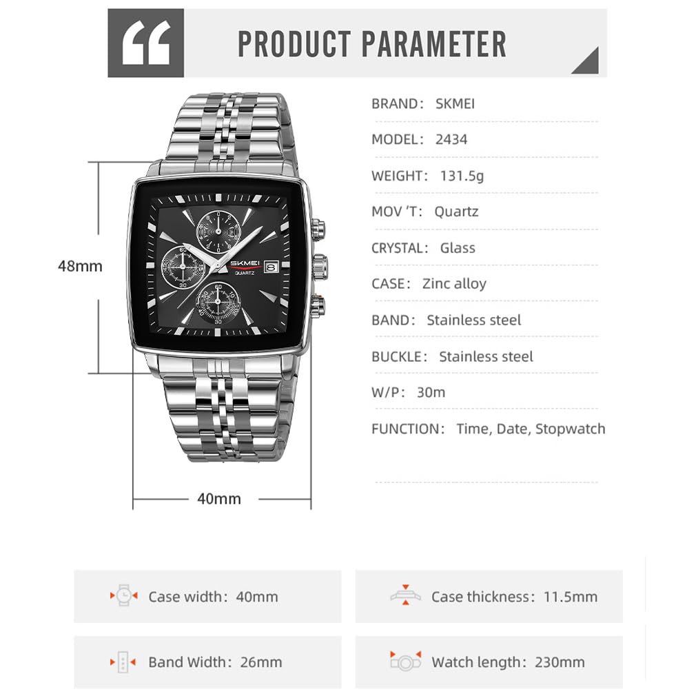 SKMEI квадратные стильные черные наручные часы из нержавеющей стали, водонепроницаемые аналоговые деловые повседневные часы с хронографом, большие наручные часы, роскошный подарок, серебристо-черные часы для