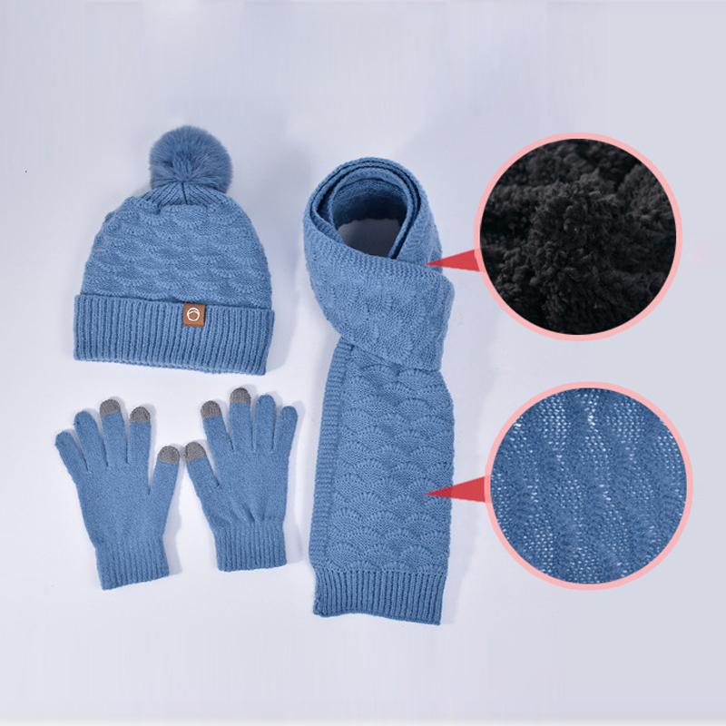 Winter Warm Hat Scarf Gloves Three-piece Set Women's Outdoor Velvet Thick Earmuffs Knitted Wool Cap