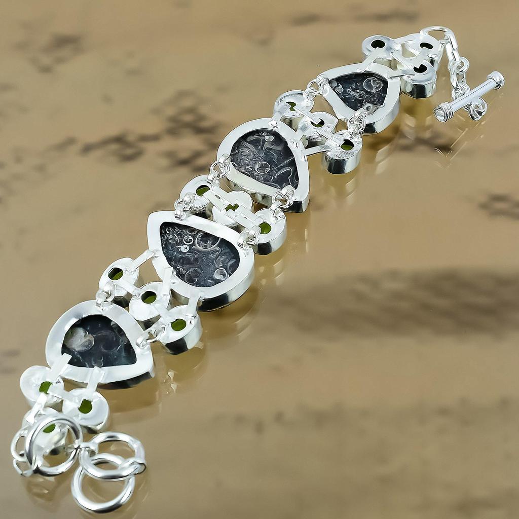 Natural Turritella Agate Gemstone Chain Adjustable Bracelet 925 Silver For Girls