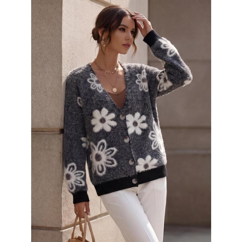 V Neck Floral Knit Cardigan Loose Long Sleeve Sweater Coat