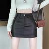 Women's Black High-Waist A-Line Leather Mini Skirt - Petite, Slim Fit for Autumn