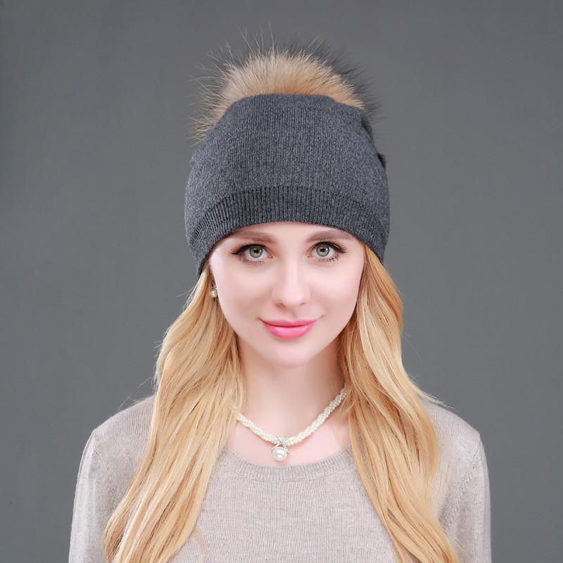 Осенне-зимние вязаные шерстяные шапки для женщин, модные шапки с помпоном, меховая шапка, женские теплые шапки с натуральным мехом енота