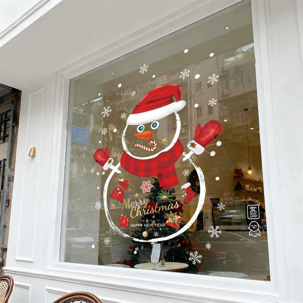 Christmas Decorative Glass Stickers, Snowman Christmas Tree Transparent Window Stickers, Decorative Atmosphere Scene Setup