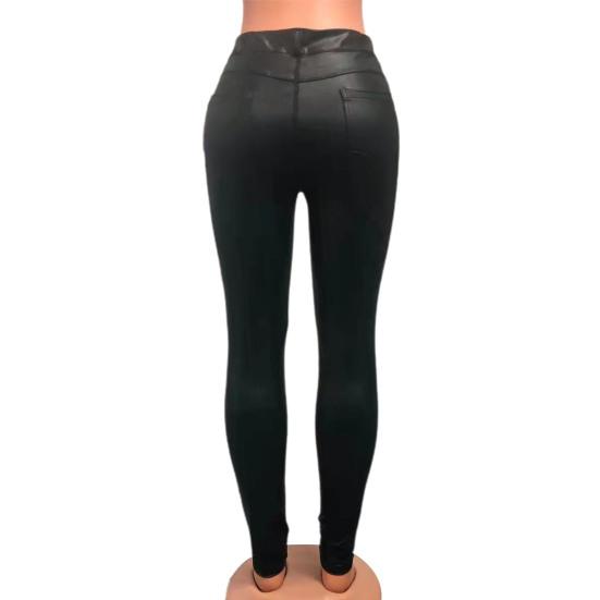 Женские брюки с высокой талией, гладкая искусственная кожа, сплошной цвет, узкие, с подъемом ягодиц, эластичные пуговицы, карманы на молнии, облегающий крой, длина до щиколотки, карандаш