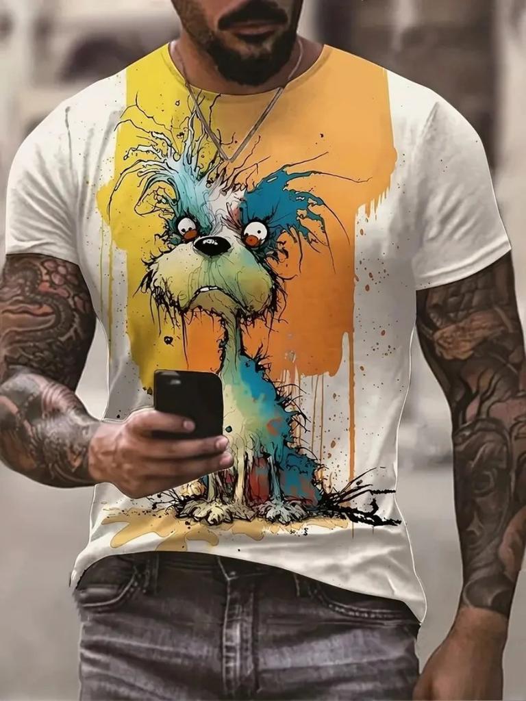 Animal Graffiti Fun Funny Funny 3D Printed Men's T-shirt Personality Vintage Plus Size Casual Loose Crew Neck Short Sleeve Top
