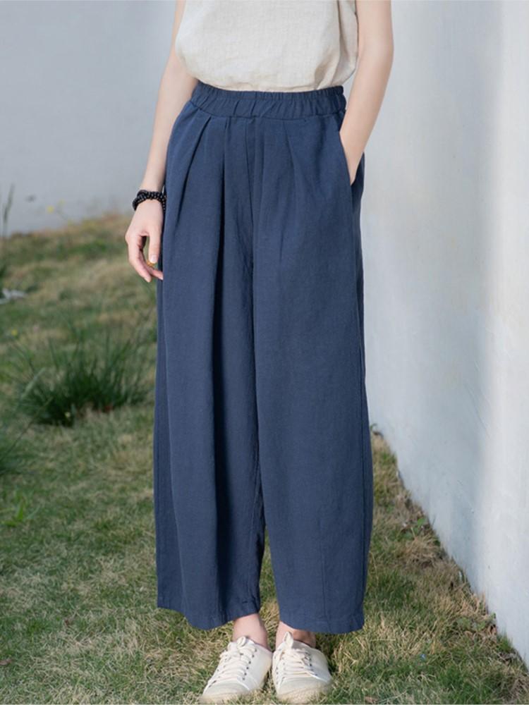 Johnature Женские винтажные льняные брюки с эластичными карманами на талии, весенние однотонные свободные брюки, женские повседневные брюки