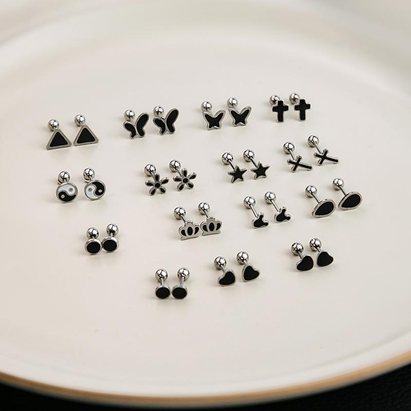Stainless Steel Geometric Black Series Stud Earrings, Cross Simple Earrings, Love Dripping Oil Personalized Earrings