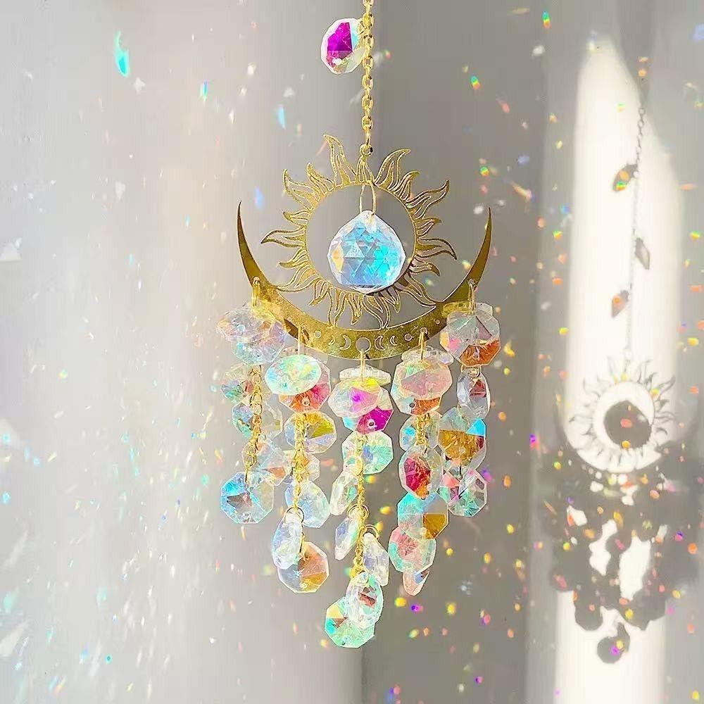 Handmade Crystal Sun Catcher Exquisite Sun Moon Pendant Rainbow Prism Outdoor Gardens