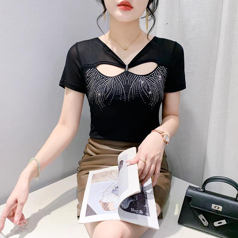 Новая летняя мода женская сетчатая футболка одежда шикарная сексуальная с V-образным вырезом с вырезами в виде ромбов футболки женские с коротким рукавом эластичные облегающие топы