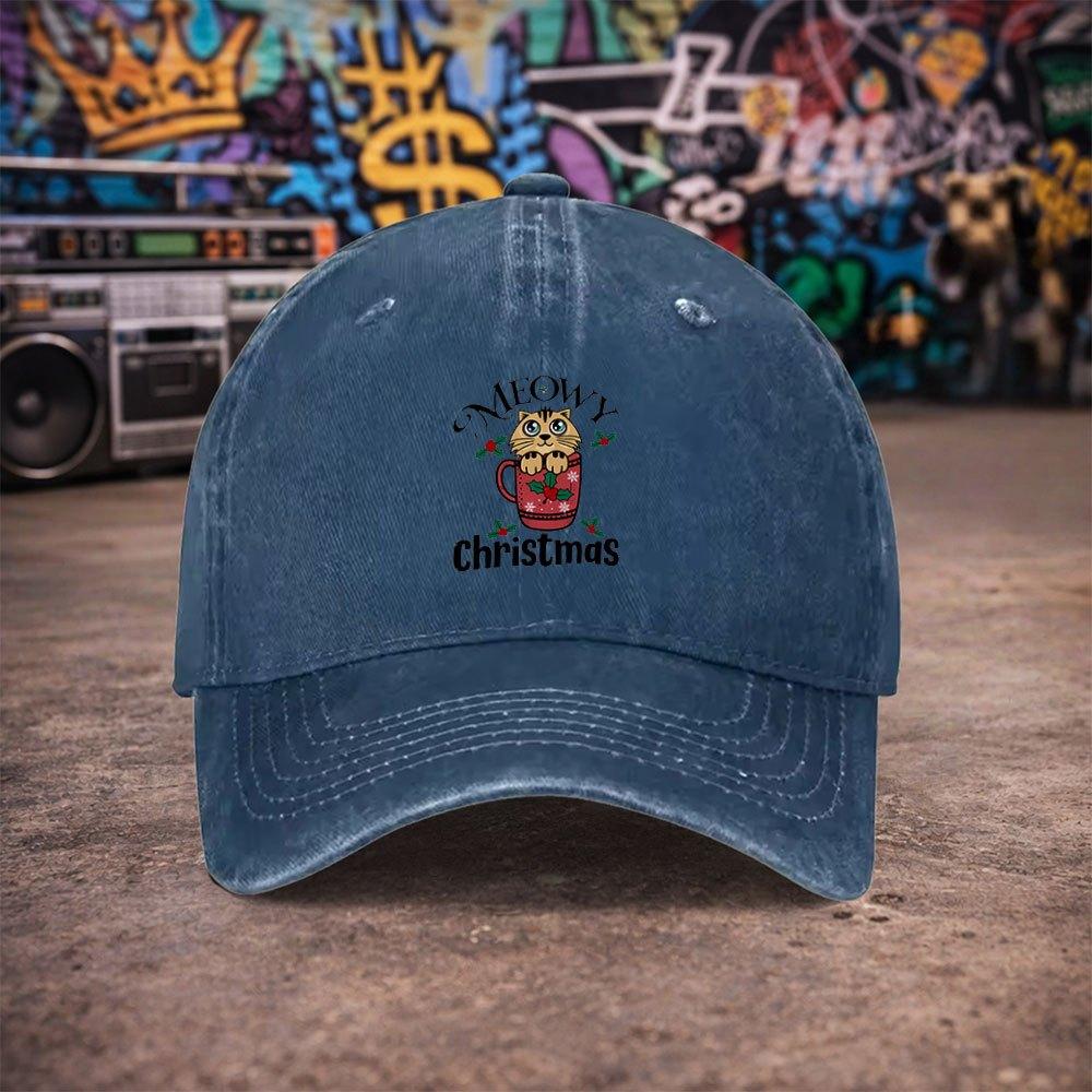pc Unisex Christmas Cup Middle Cat Vintage Washed Baseball Cap UnisexS Trendy Hat Versatile Duckbill Cap Fun Print Unique