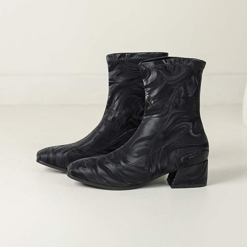 lenkisen PU Autumn Winter Shoes Thick Med Heels Printing Oriental Design Chelsea Boots Keep Warm Patterens Leather Ankle Boots