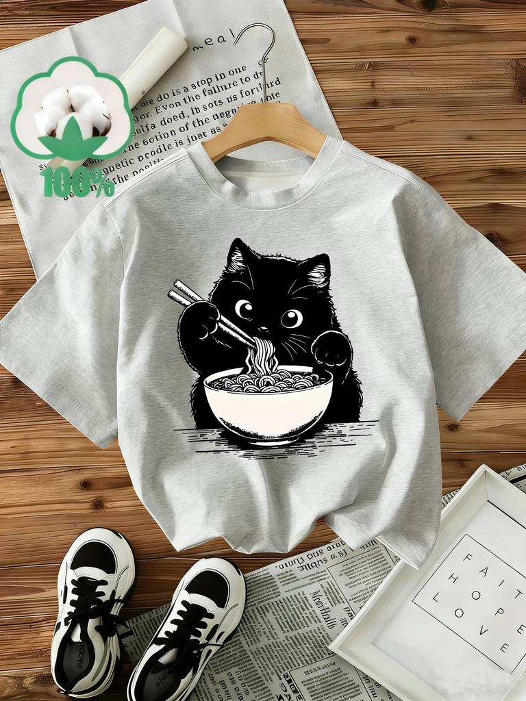 Cotton TShirt Womens Japanese Style Noodle RaUnisex Cat TShirt Graphic Short Sleeve Crew Neck Top Shirt Casual