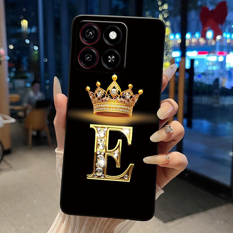Cool Lucky A-Z Letter Phone Case For ZTE Blade A35/A55 Soft Silicone Black Case Shockproof Luxurious Glitter Crown Shell