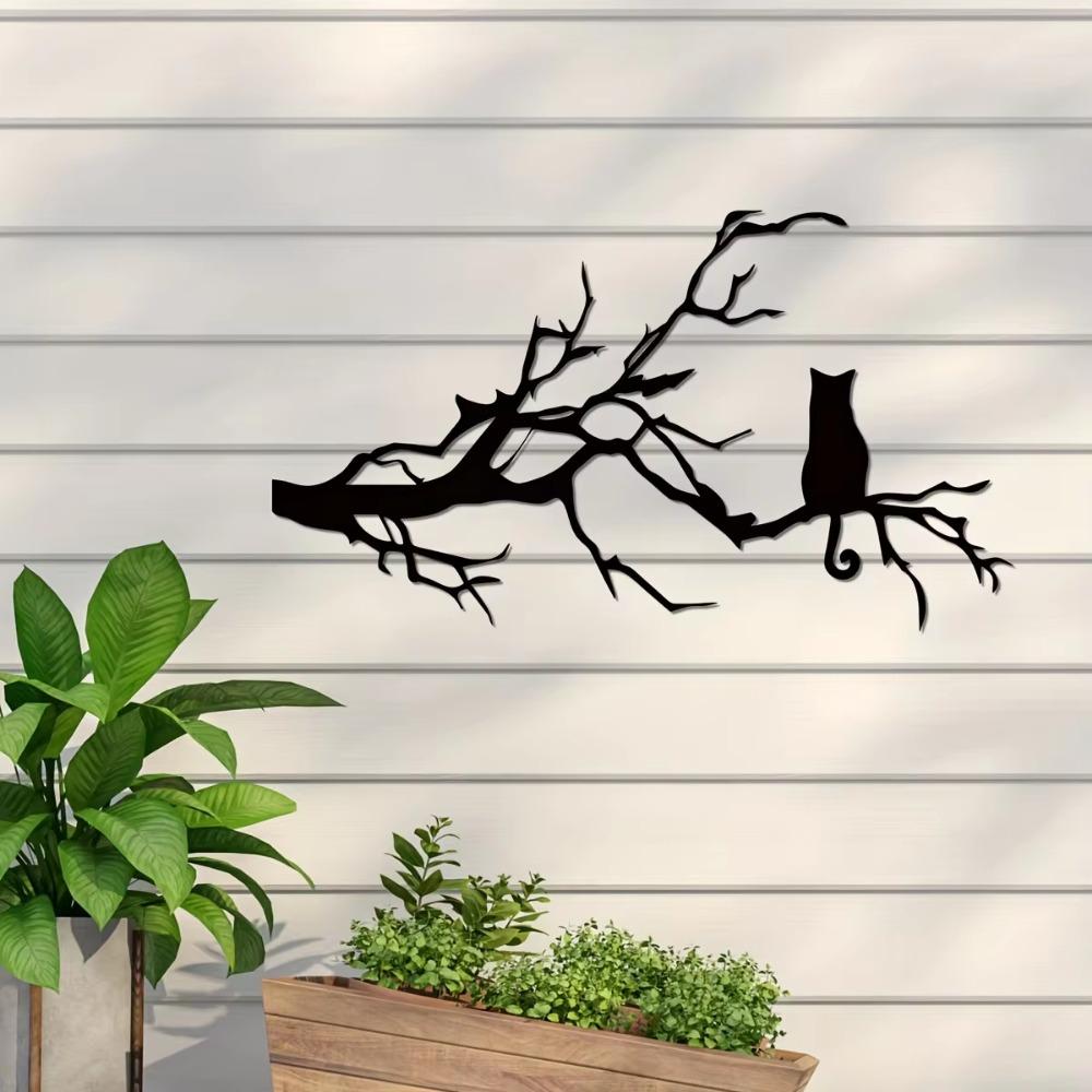 Настенное искусство в виде кошки из металла - очаровательный декор в виде кошки из ветки для спальни и интерьера, стильное настенное украшение в виде кошки из металла, идеальная идея для подарка