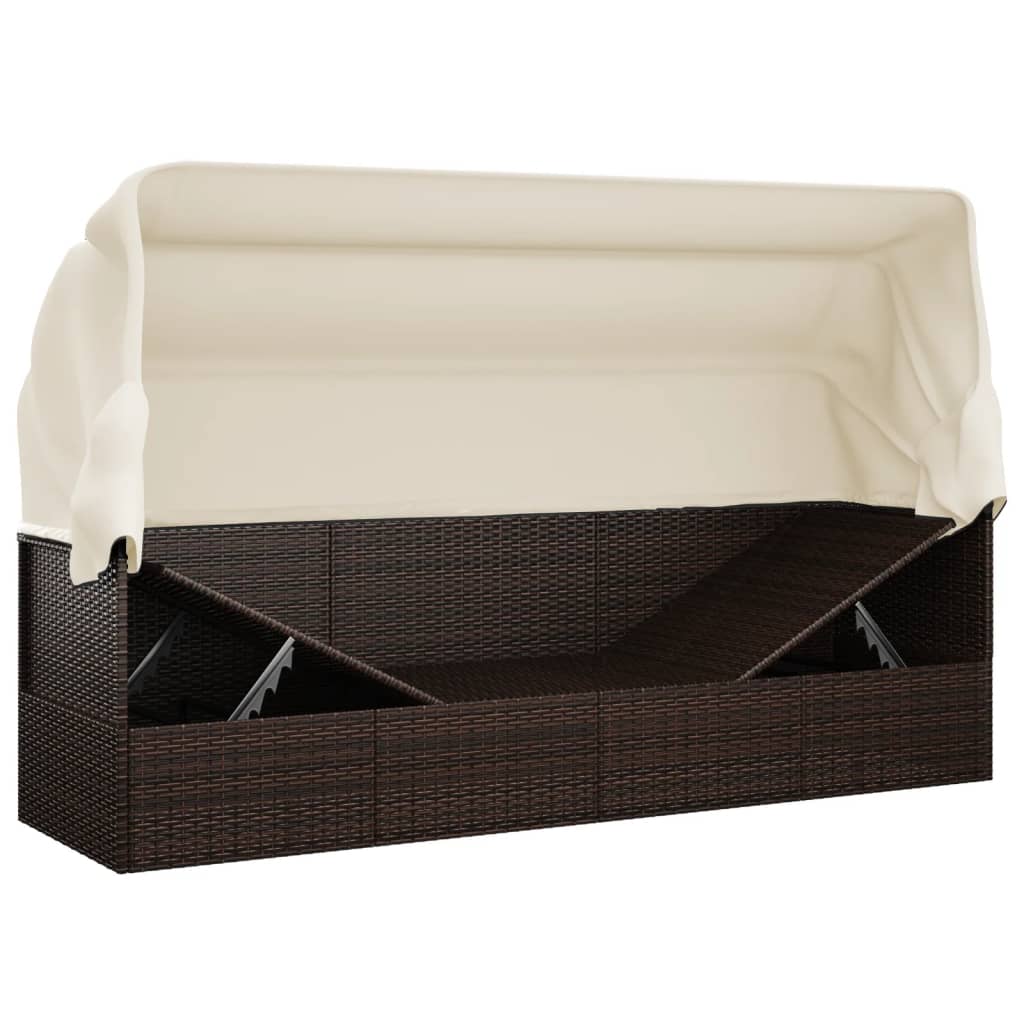 Outdoor Lounge Bed with Canopy and Cushions Brown Poly Rattan