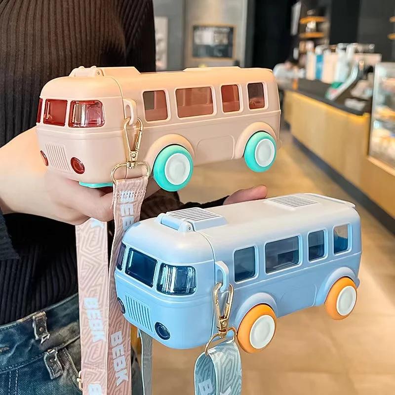 Бутылка-автобус без BPA для детей, подарок, питьевая бутылка-кружка из Tritan с трубочкой, очаровательная девочка, мальчик, для школы, детского сада, дорожный чайник с ремешками