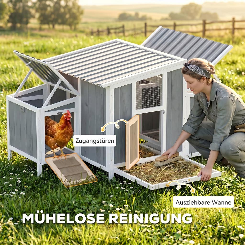 Chicken Coop Wood Chicken House with Lockable Door Nesting Box Waterproof PET Roof for 3-4 Chickens, 145x90x92 cm Gray