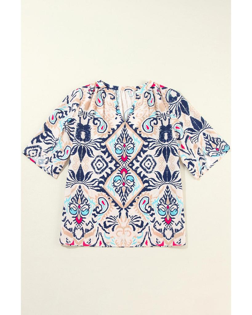 Azura Exchange Белая блузка с абстрактным принтом, V-образным вырезом и разрезом на половину рукава