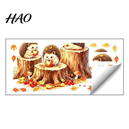 Maple Leaf Mushroom Decals Little Hedgehog Tree Stump Static Sticker, Watercolor Decorative Window Thanksgiving Decorations Decal, Reusable PVC Cling