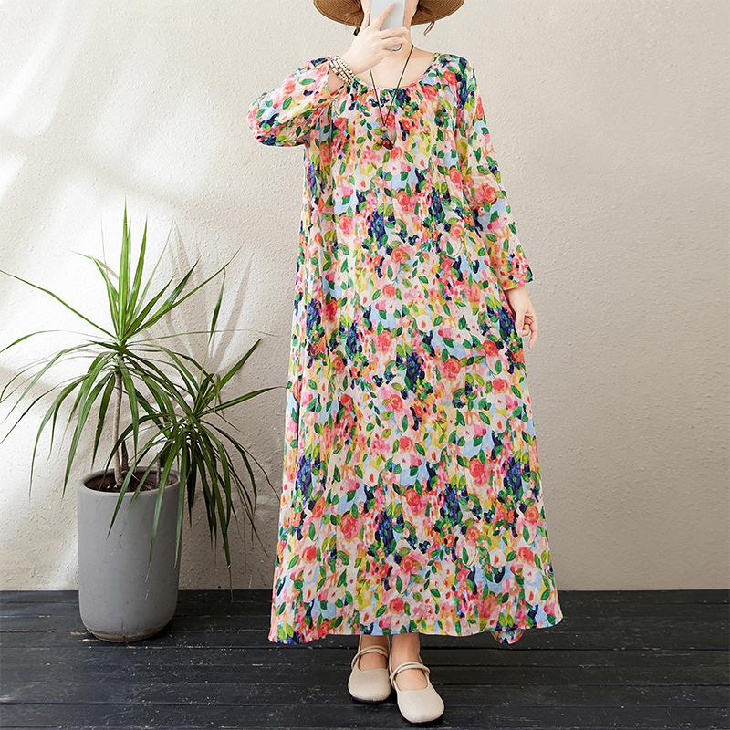 Осеннее литературное свободное платье больших размеров с круглым вырезом и длинными рукавами для весенних женщин в винтажном стиле