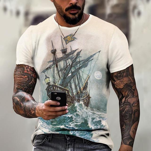 Винтажная мужская футболка, рубашка с изображением корабля, топы с принтом компаса, футболки с короткими рукавами, свободная повседневная мужская одежда, повседневная уличная одежда