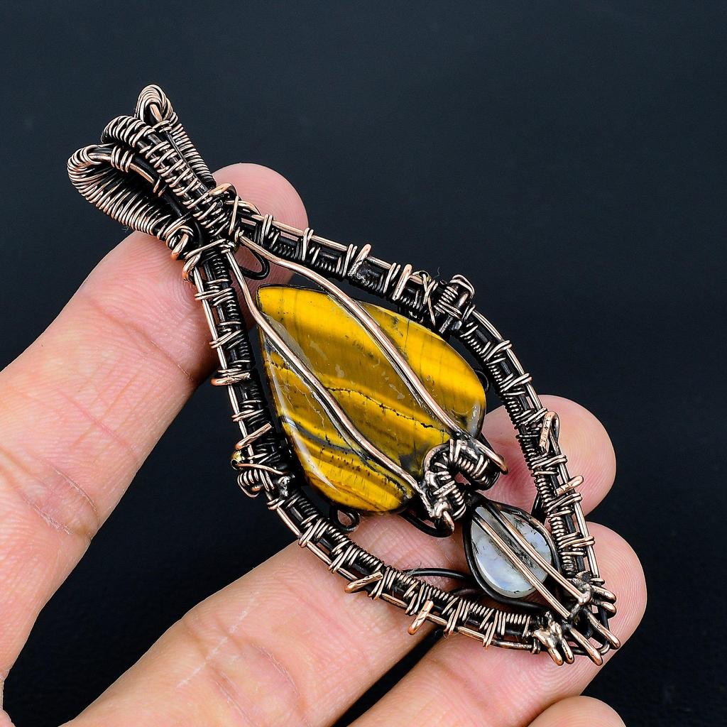 Tiger 's Eye & Moonstone 999 Copper Wire Wrapped Pendant, Handmade Gemstone Tree Of Life Pendant Jewelry, Gifts For Wife Brand New Pendant