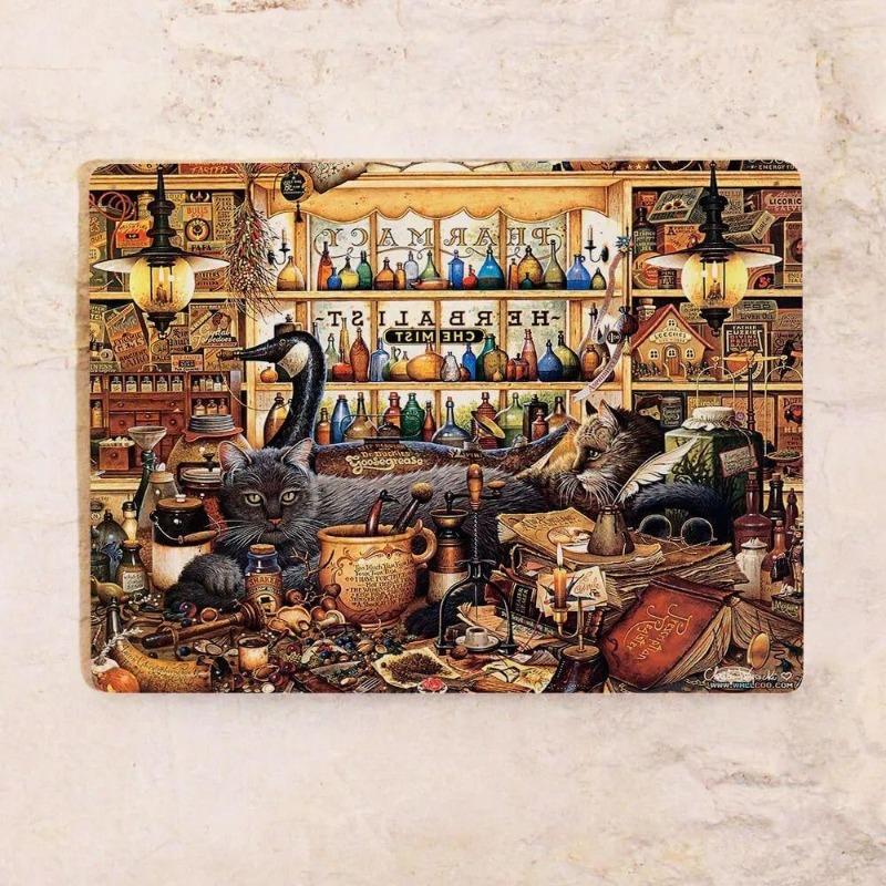 Cats In a Shop Metal Wall Art 20x30cm, Vintage Retro Decor Plaque